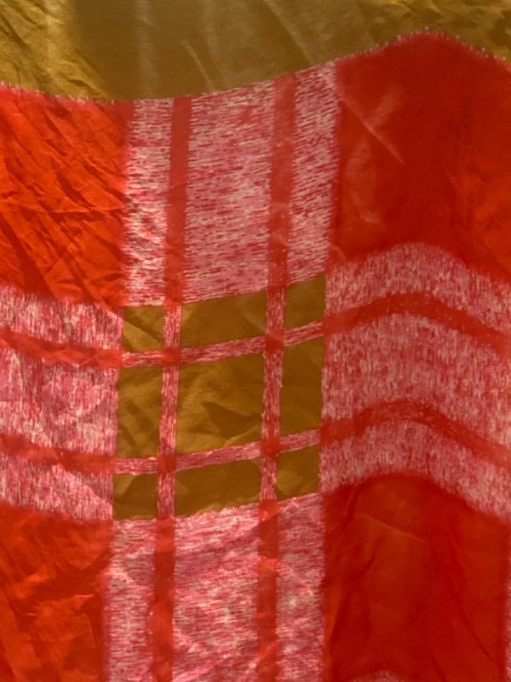 Vintage Silk Scarf 30x30, Hand Rolled Edge, Coral Pink Olive Gold Plaid Square